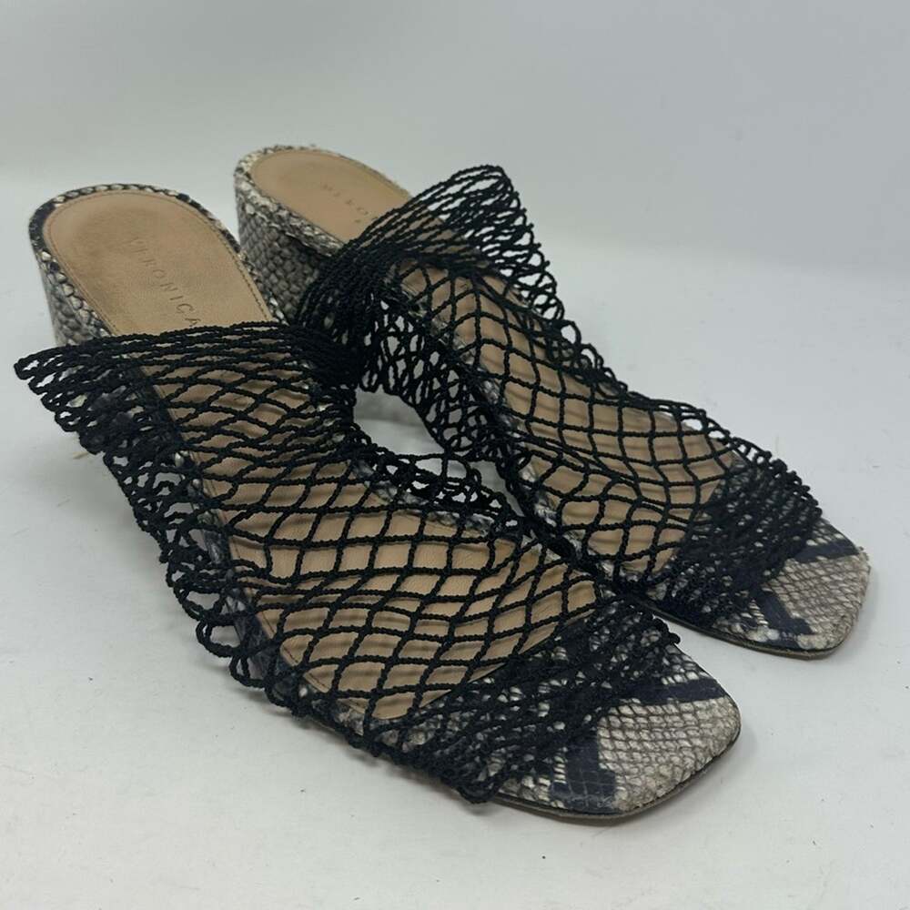 Veronica Beard Kasi Snakeskin Print Block Heel Mesh Slide Sandal In Black 8.5